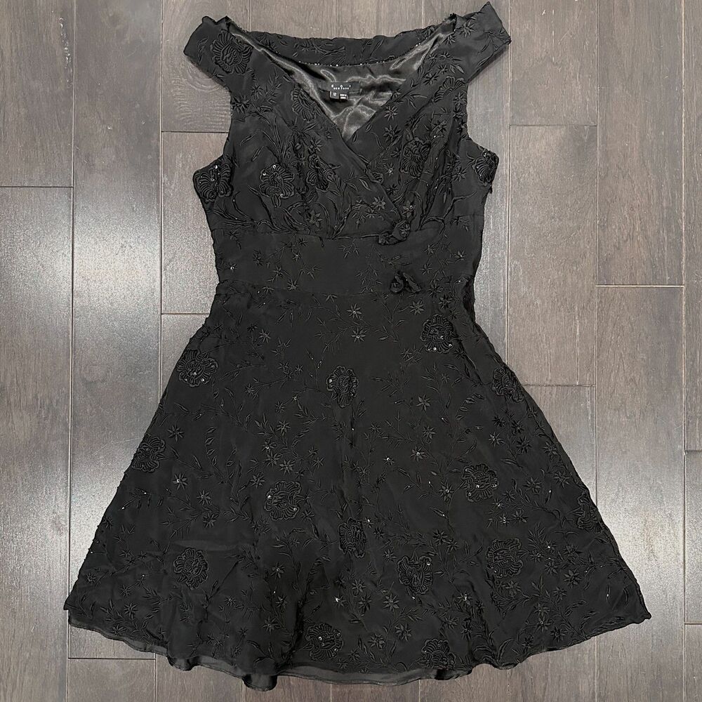 Vtg ECI NY Beaded Silk Dress 12 Black Embroidered Cocktail Event Formal 90s Y2K